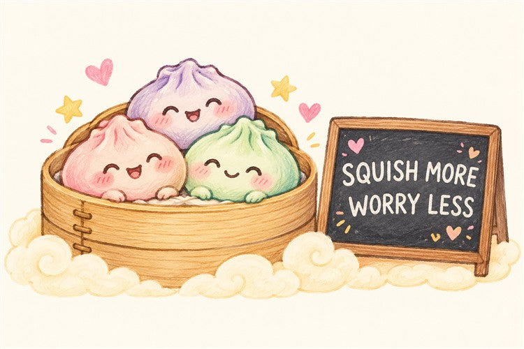 Three pastel dumpling friends beside a sign reading Squish more, worry less.